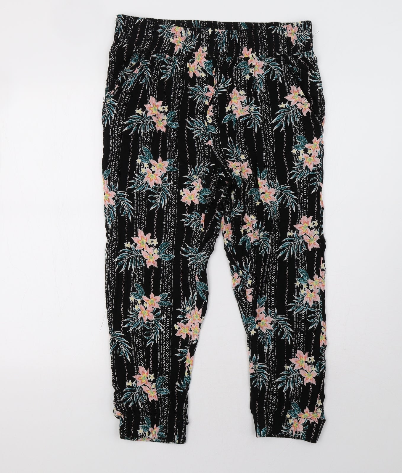 yours  Womens Black Floral  Cropped Trousers Size 16 L24 in