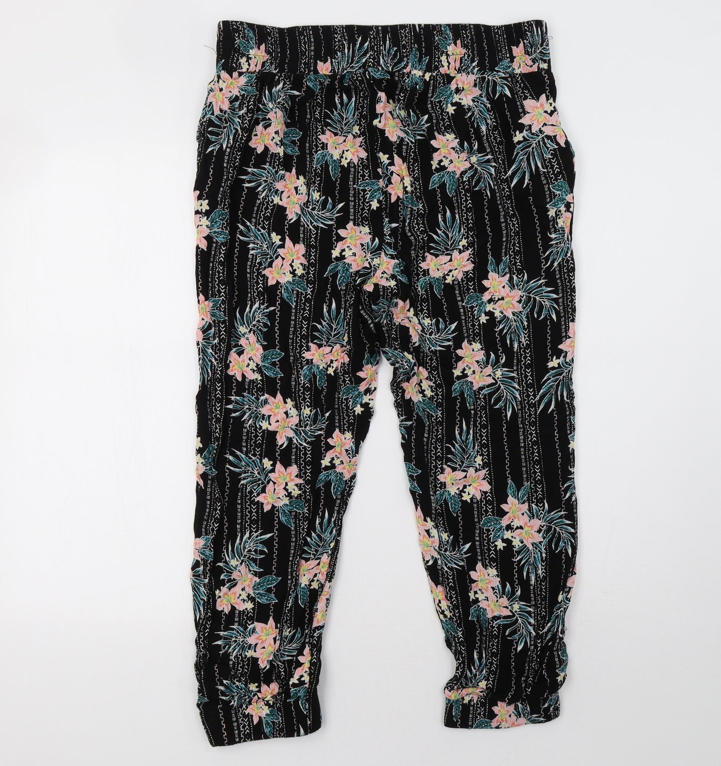 yours  Womens Black Floral  Cropped Trousers Size 16 L24 in