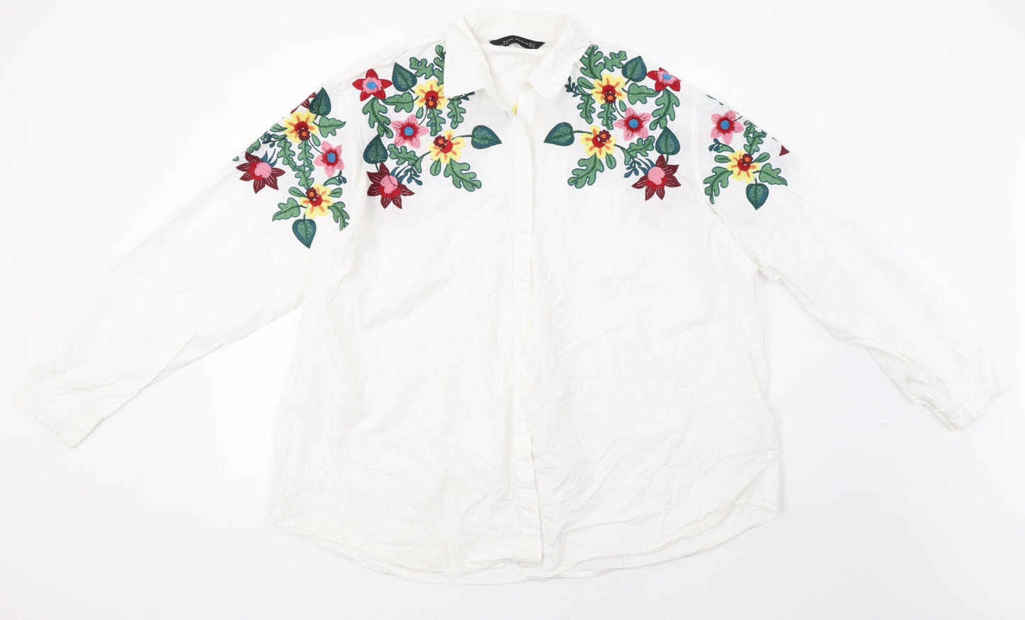 Zara Womens White Floral  Basic Button-Up Size XL
