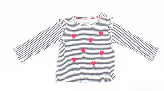 Front view of Baby Club girls’ blue striped basic t-shirt, size 9-12, months - heart print
