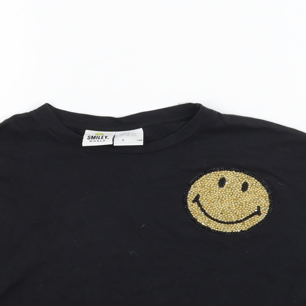 Zara Womens Black   Basic T-Shirt Size 8  - Smiley Face