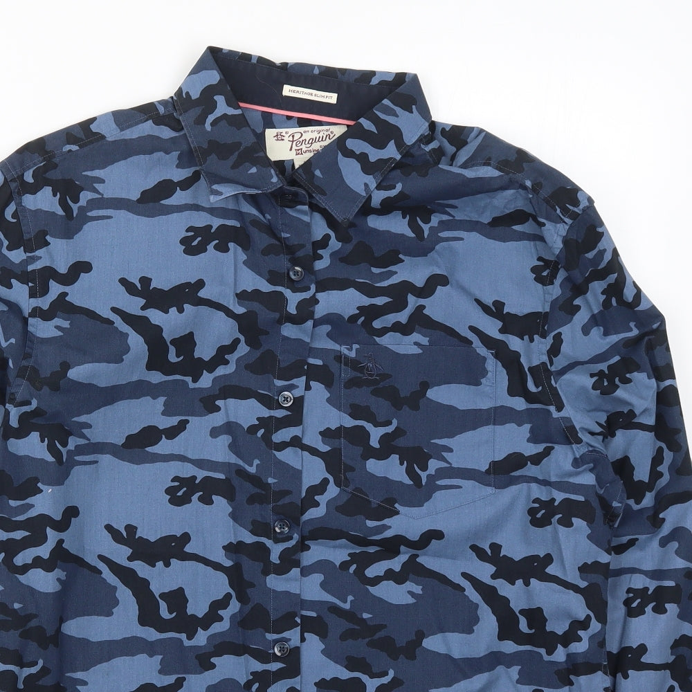 Penguin Mens Blue Camouflage   Button-Up Size M