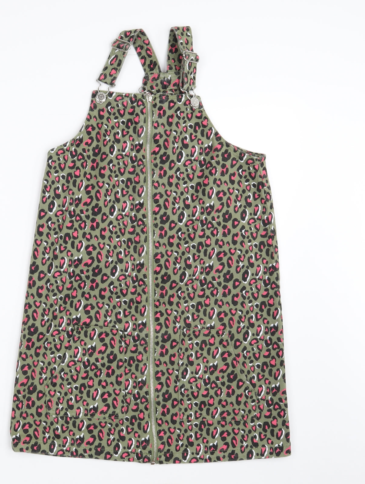 Matalan Girls Green Animal Print Denim Pinafore/Dungaree Dress  Size 12 Years