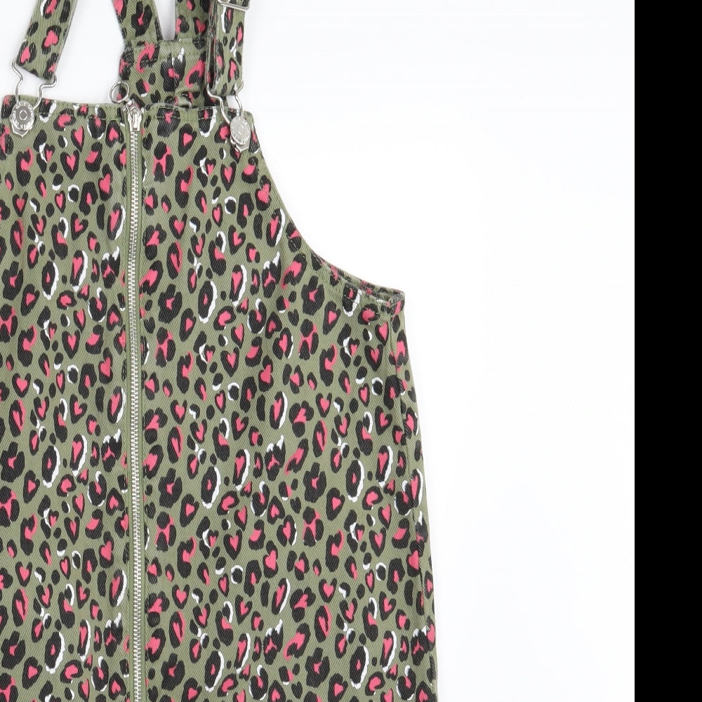 Matalan Girls Green Animal Print Denim Pinafore/Dungaree Dress  Size 12 Years