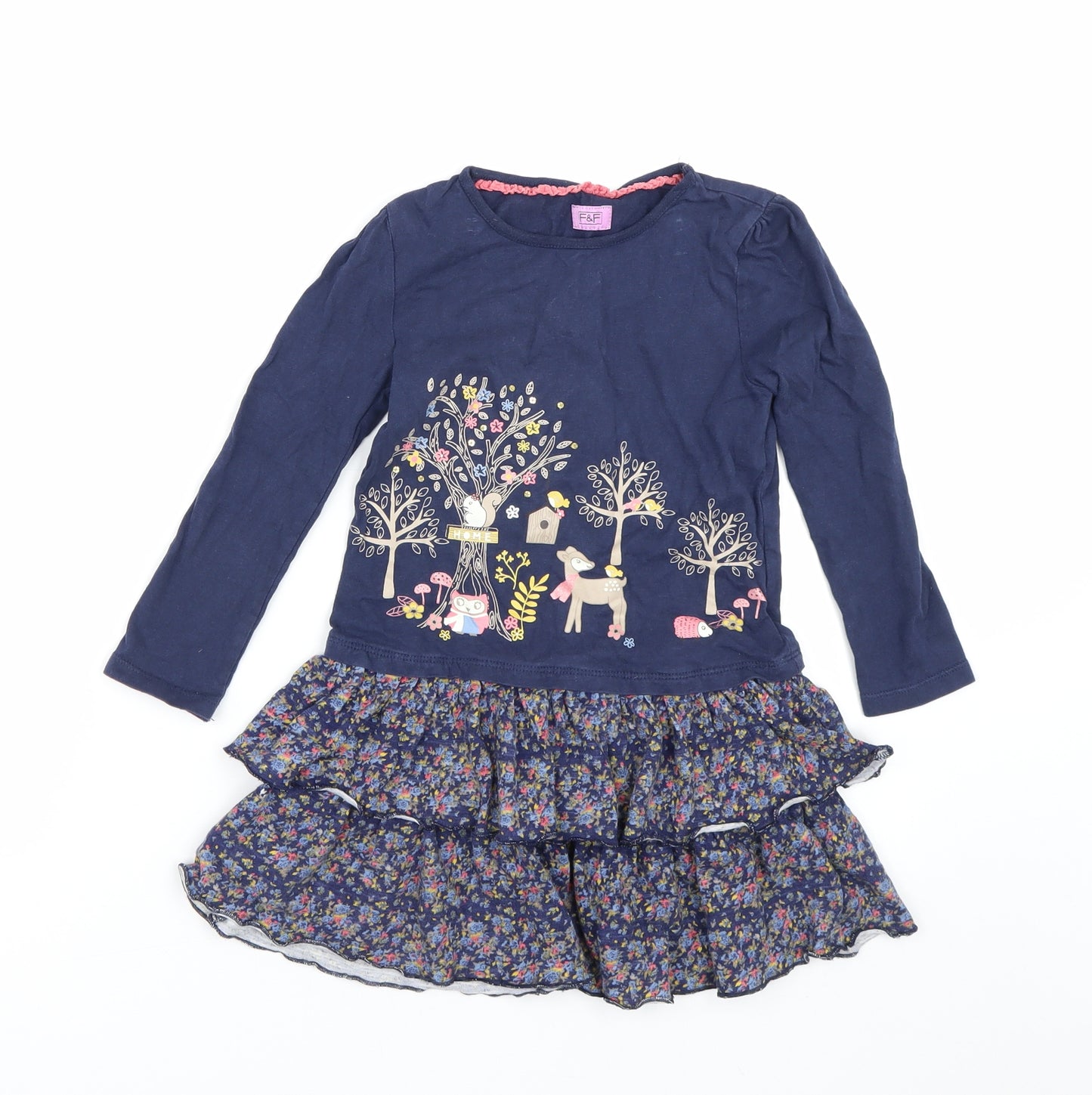 F&F Girls Blue Floral  T-Shirt Dress  Size 4-5 Years