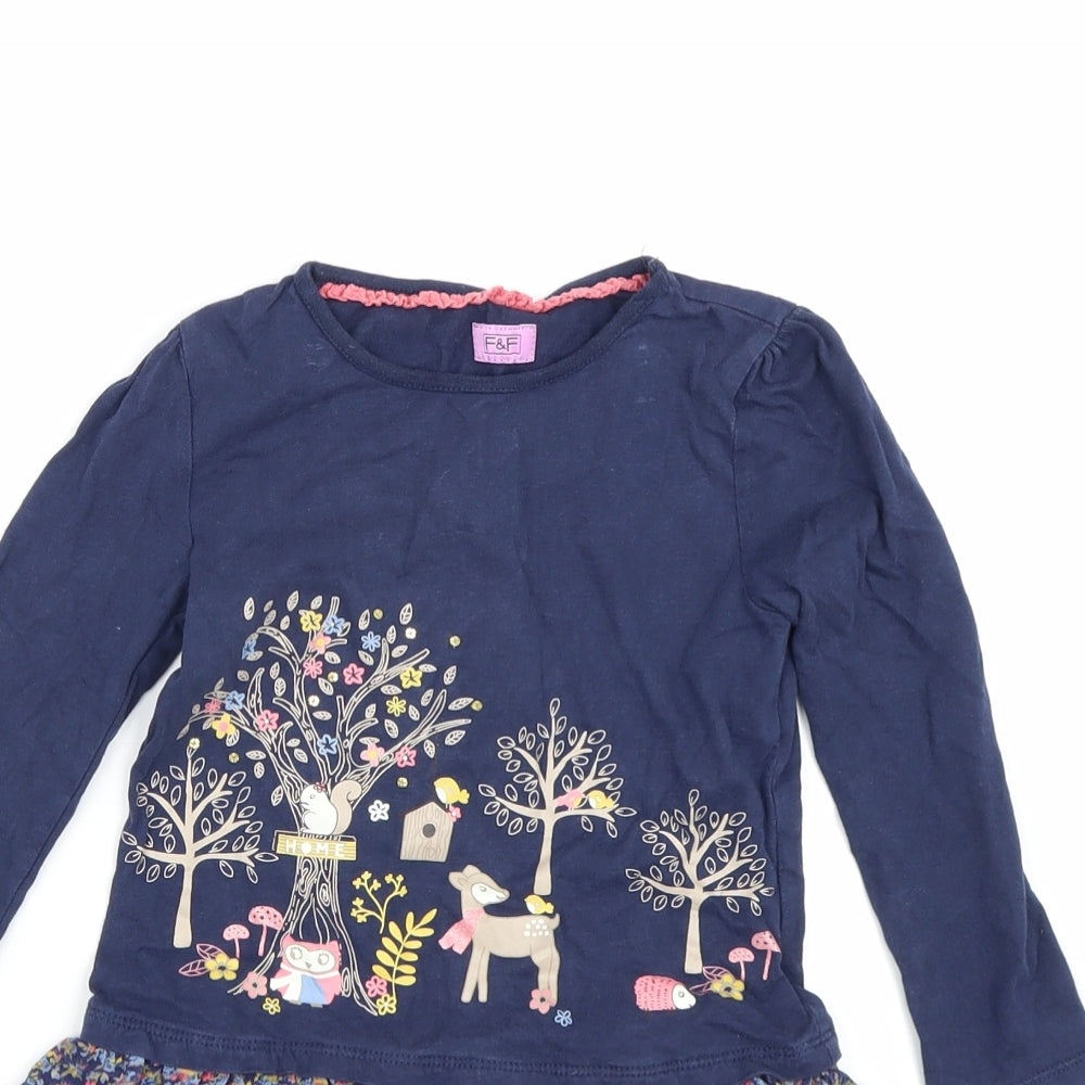 F&F Girls Blue Floral  T-Shirt Dress  Size 4-5 Years