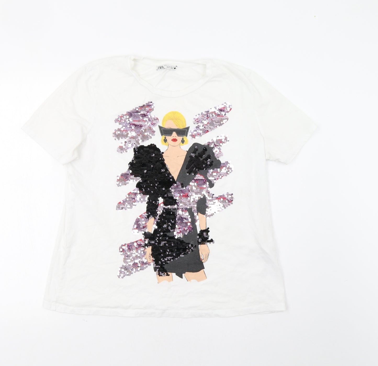 Zara Womens White   Basic T-Shirt Size M  - Sequin Detail