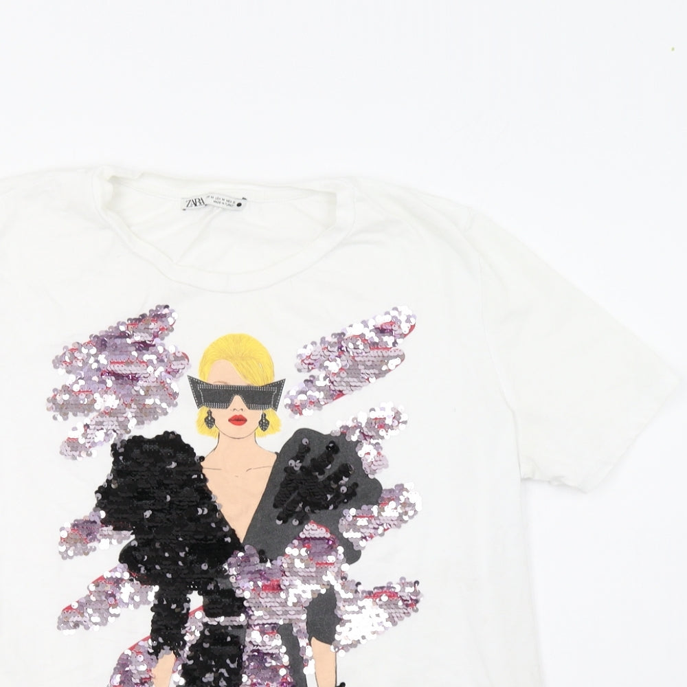Zara Womens White   Basic T-Shirt Size M  - Sequin Detail