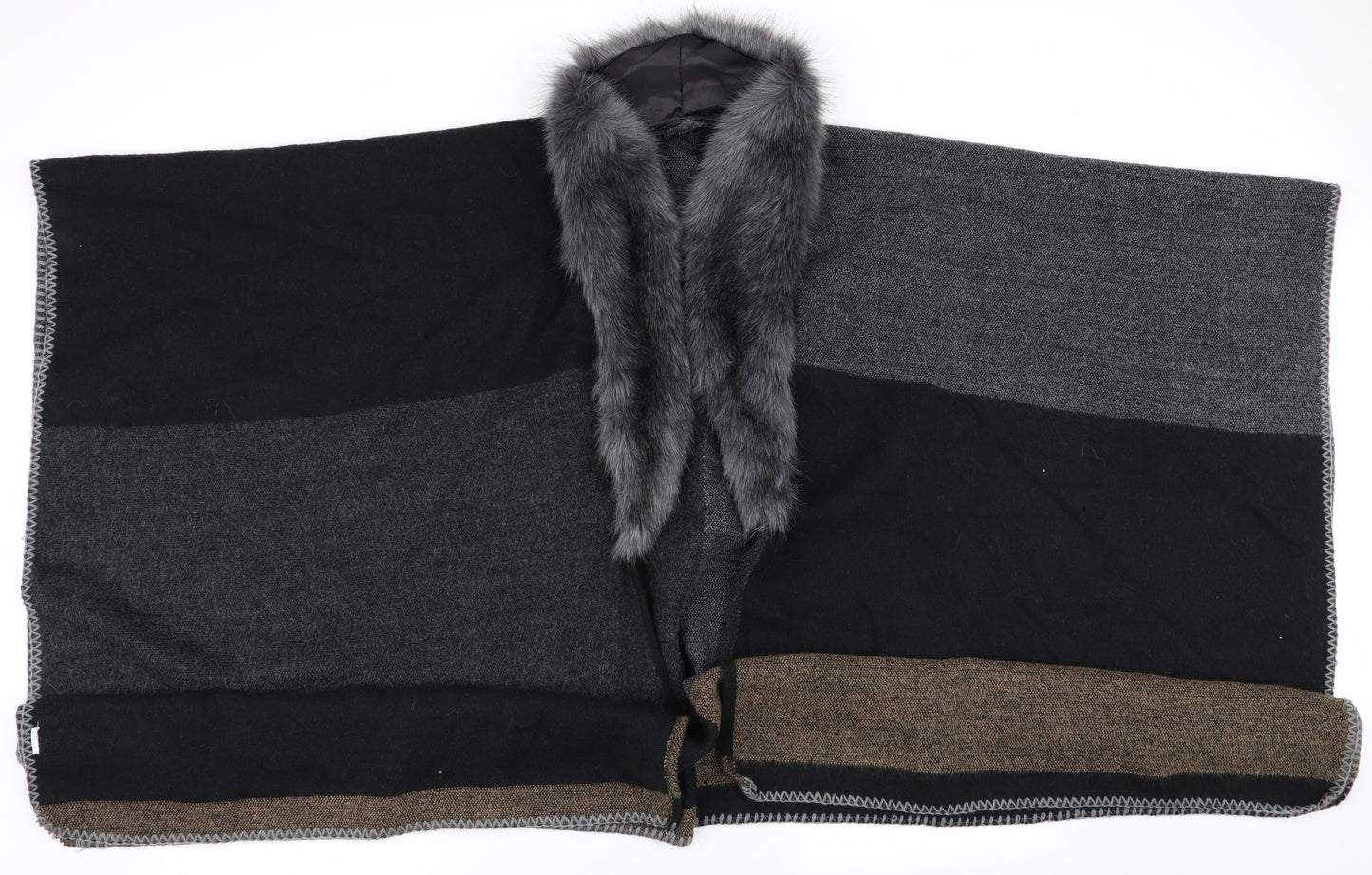 Preworn Womens Black Check  Overcoat Poncho One Size  - Faux Fur Trim