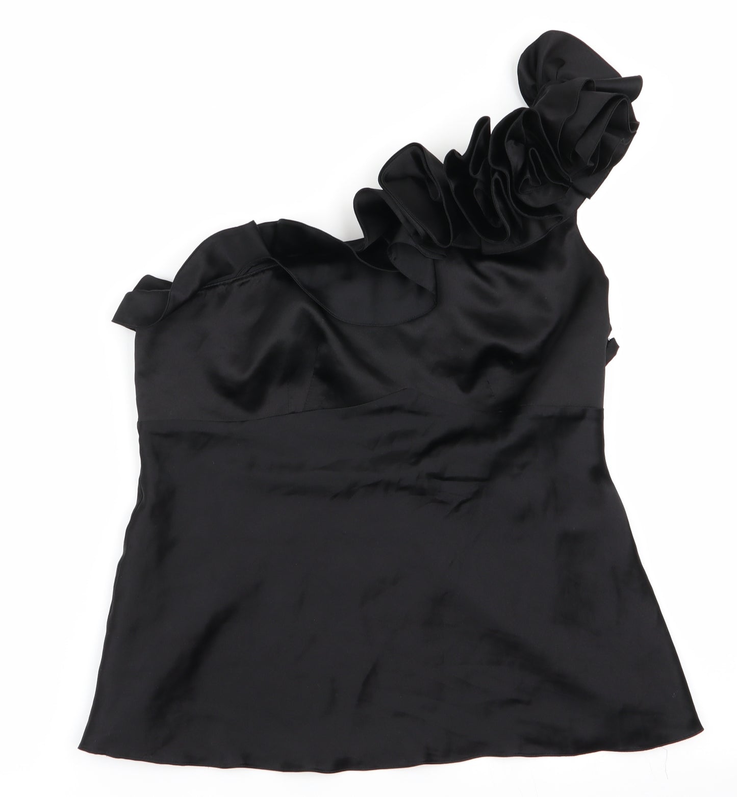 Karen Millen Womens Black   Basic Blouse Size 14  - Side Zip Rose on Shoulder