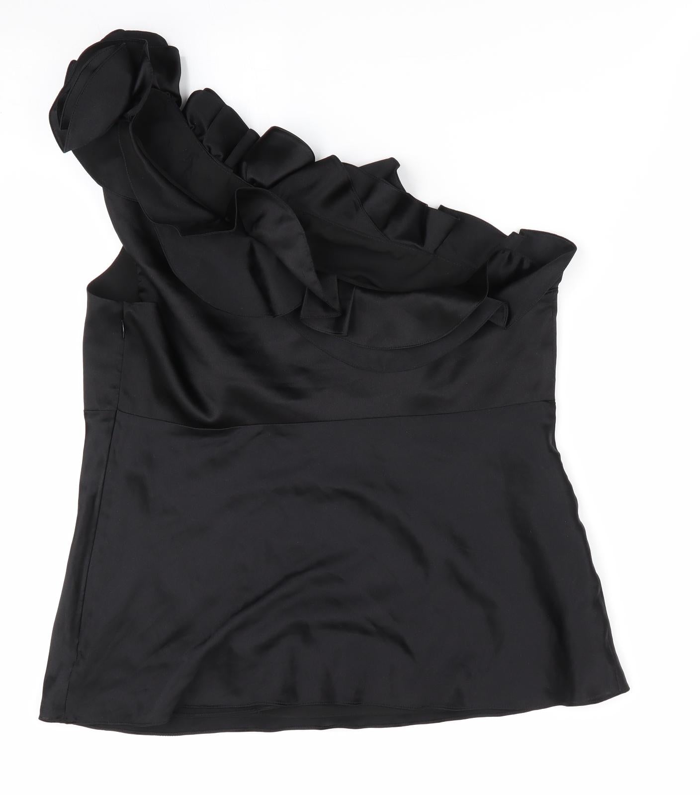 Karen Millen Womens Black   Basic Blouse Size 14  - Side Zip Rose on Shoulder