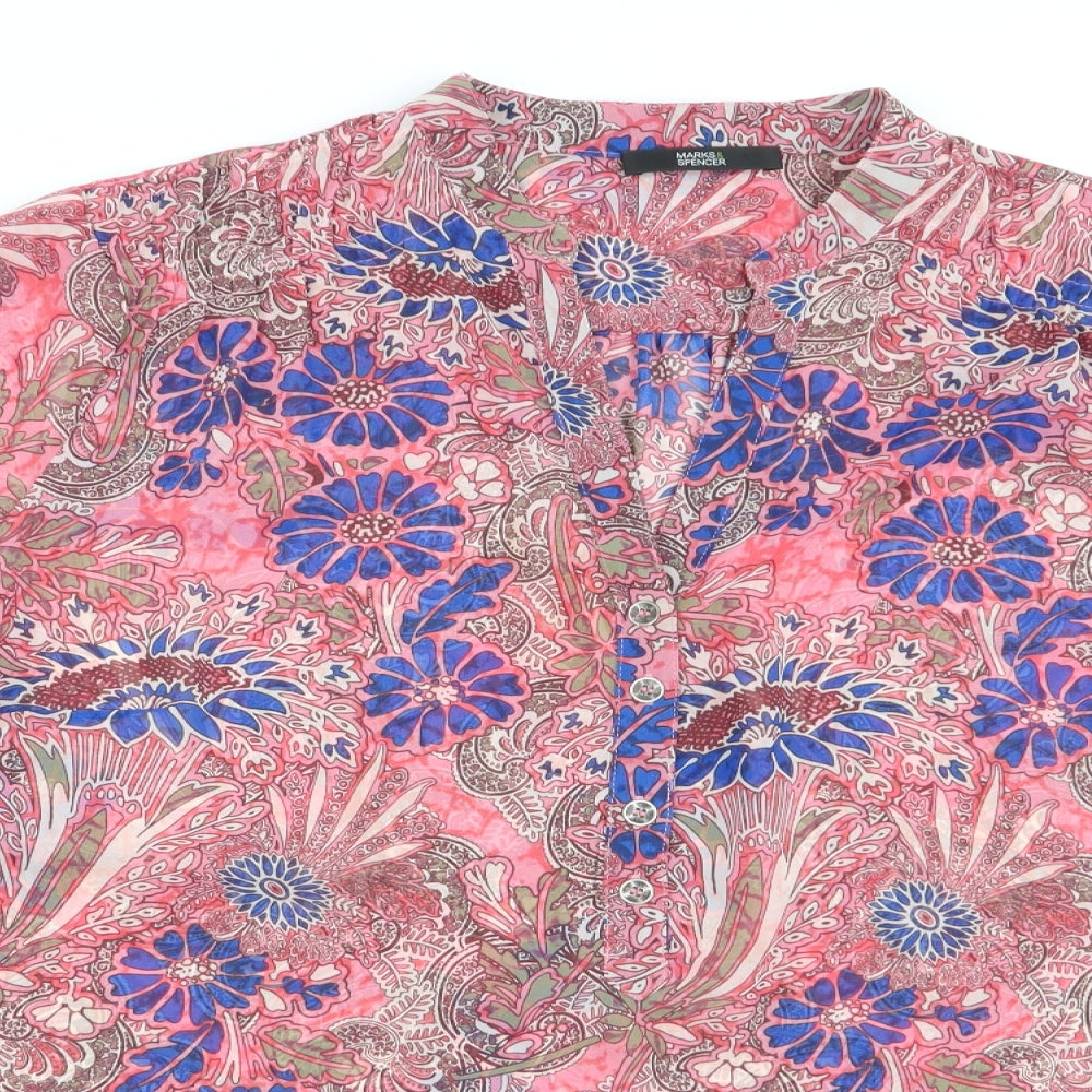 Marks and Spencer Womens Pink Floral  Basic Blouse Size 14  - Mandarin Collar