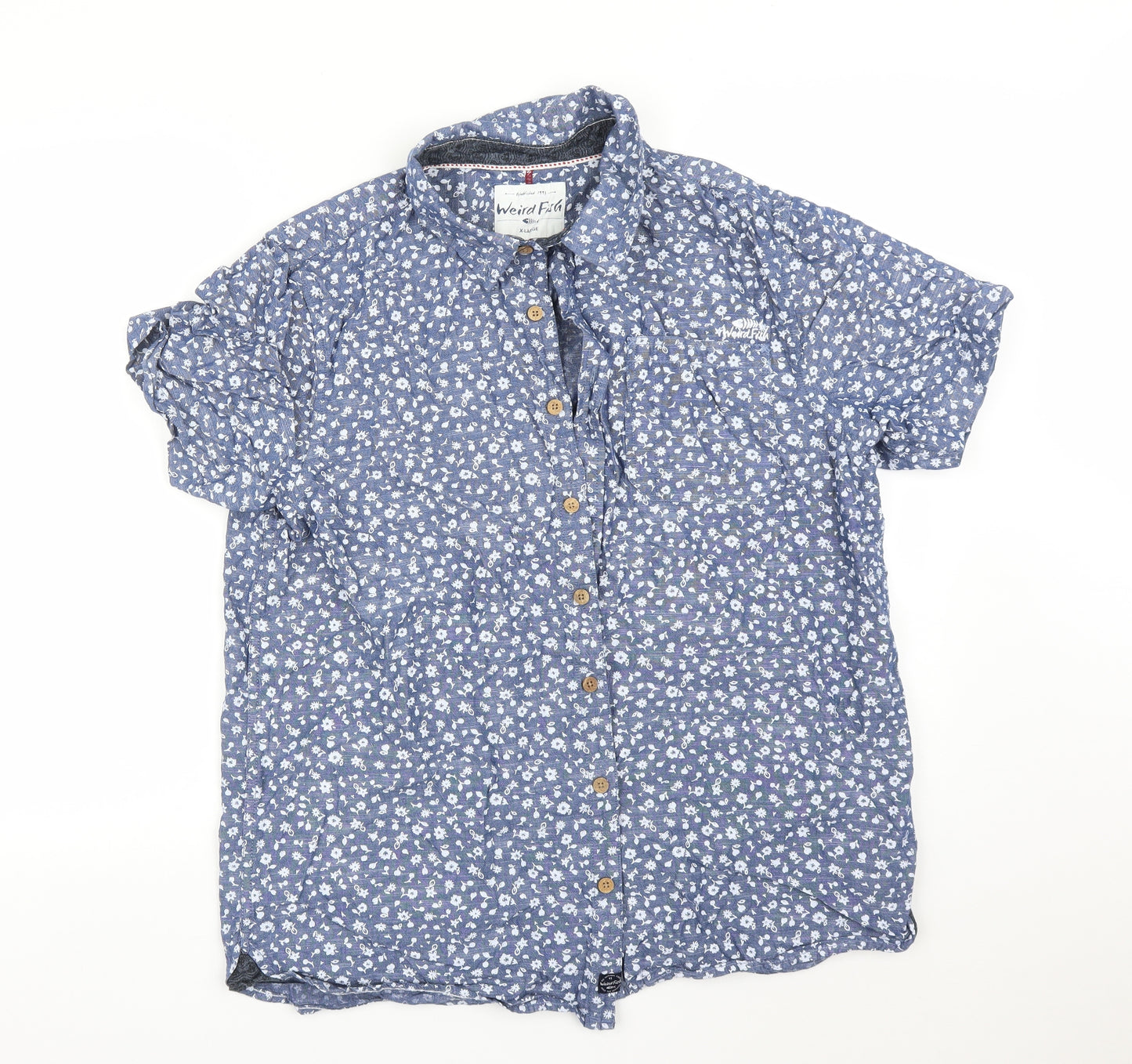 Weird Fish Mens Blue Floral   Button-Up Size XL
