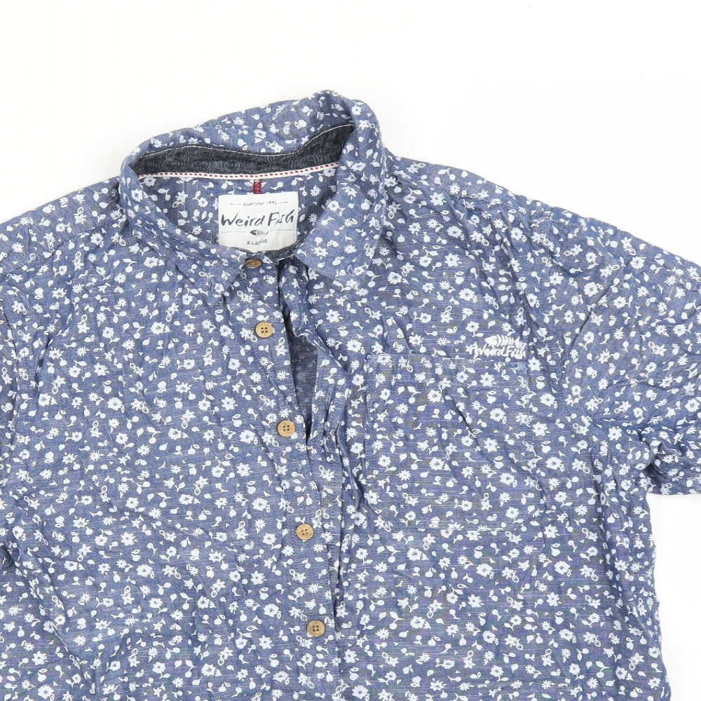 Weird Fish Mens Blue Floral   Button-Up Size XL