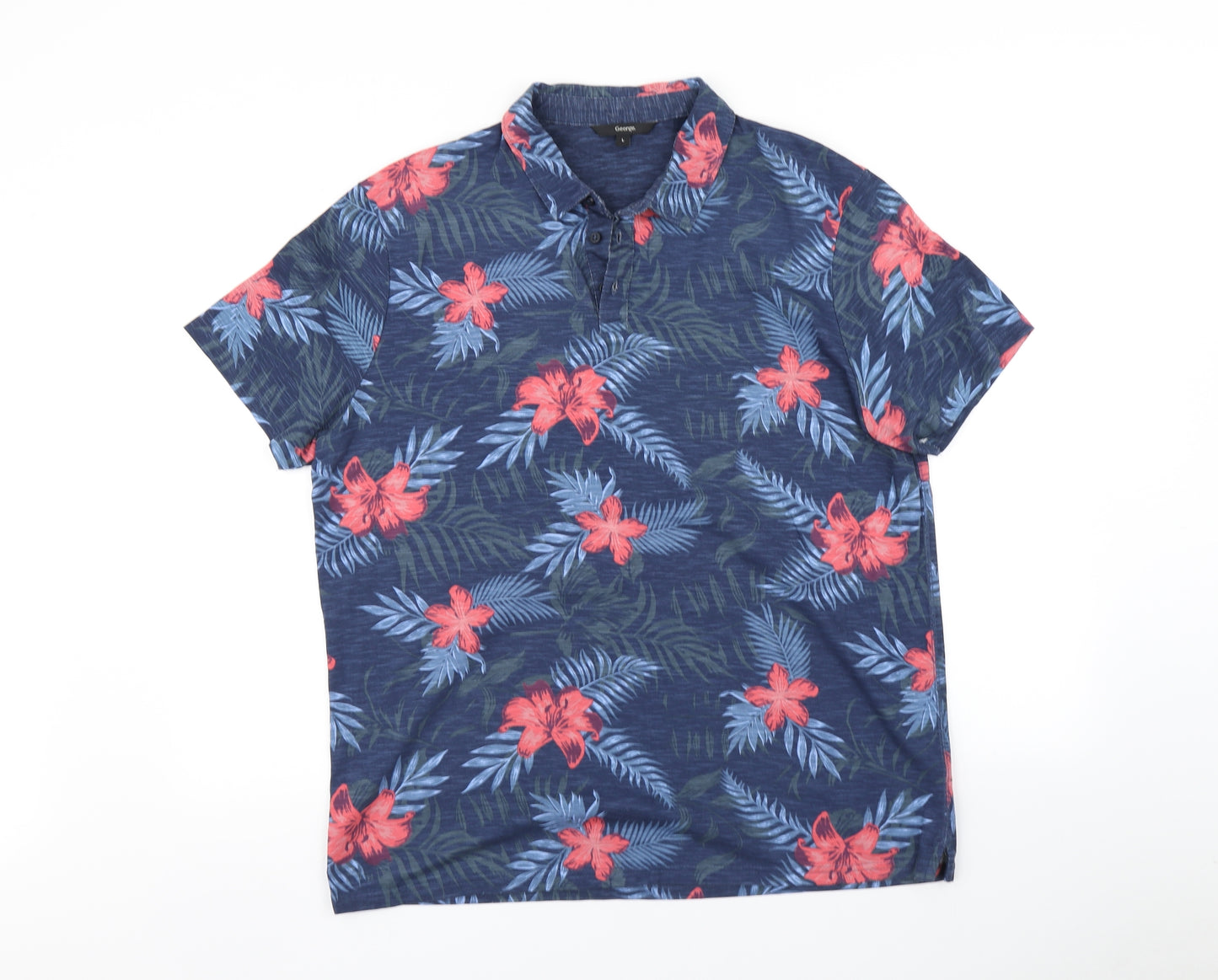 George Mens Blue Floral   Polo Size L