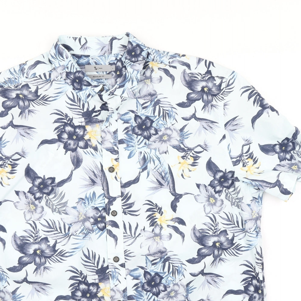 TU Mens Blue Floral   Button-Up Size L