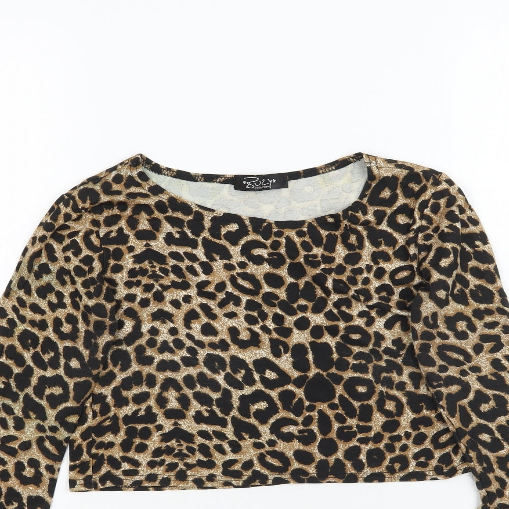 Buzy Womens Brown Animal Print  Basic T-Shirt Size S