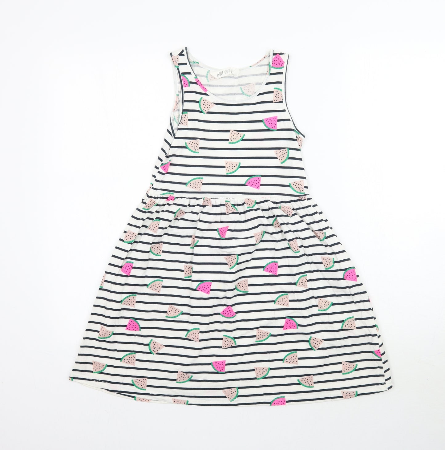 H&M Girls White Striped  Fit & Flare  Size 9-10 Years  - Water melon print