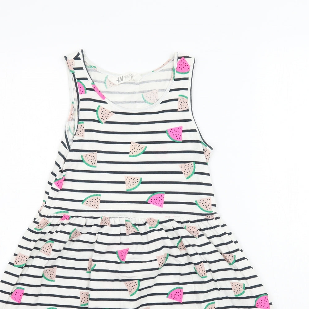 H&M Girls White Striped  Fit & Flare  Size 9-10 Years  - Water melon print
