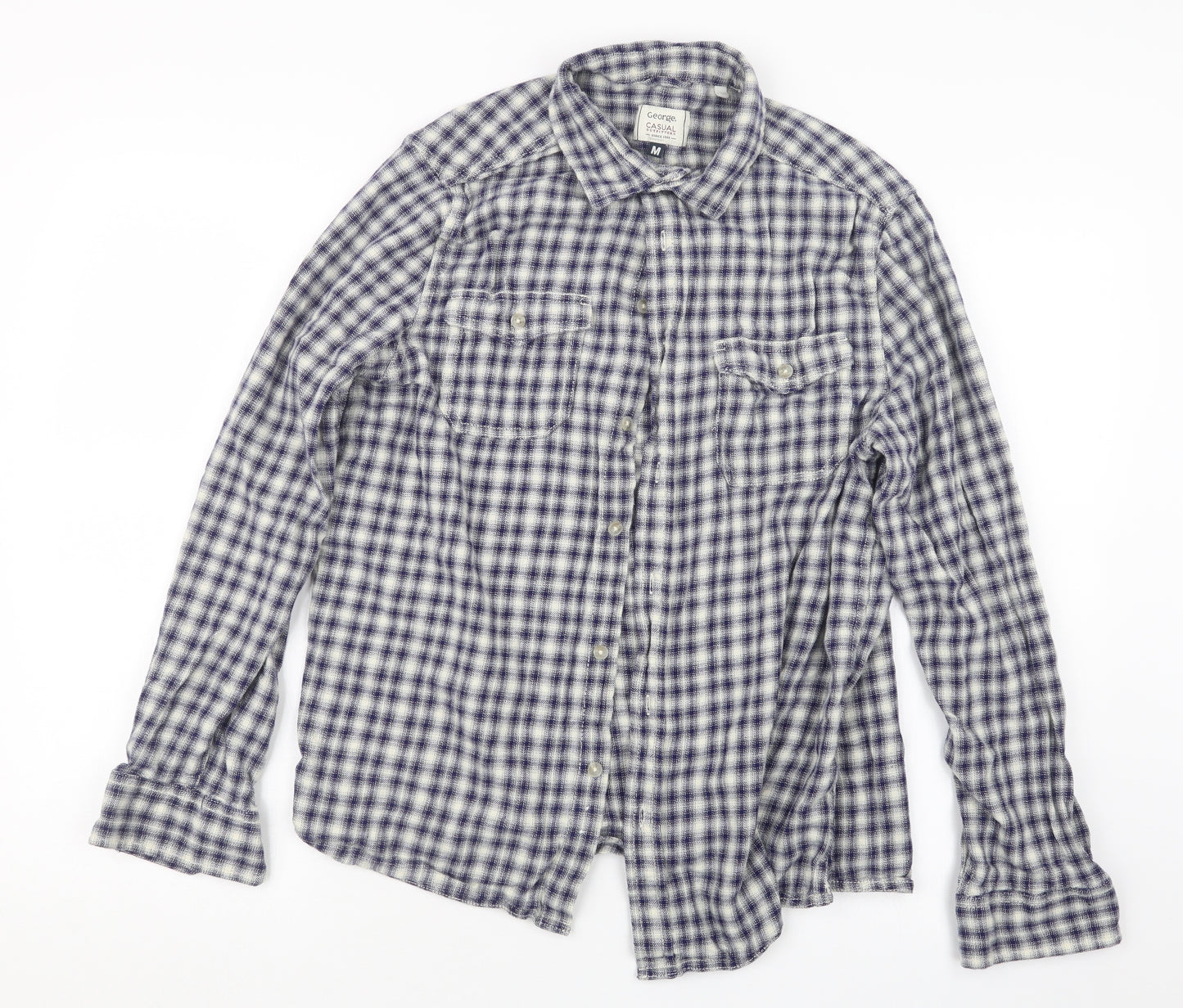 George Mens Blue Check   Button-Up Size M