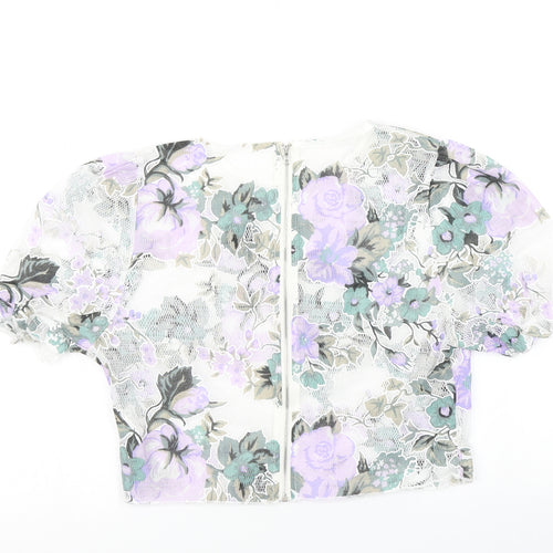SheIn Womens White Floral Mesh Cropped T-Shirt Size M