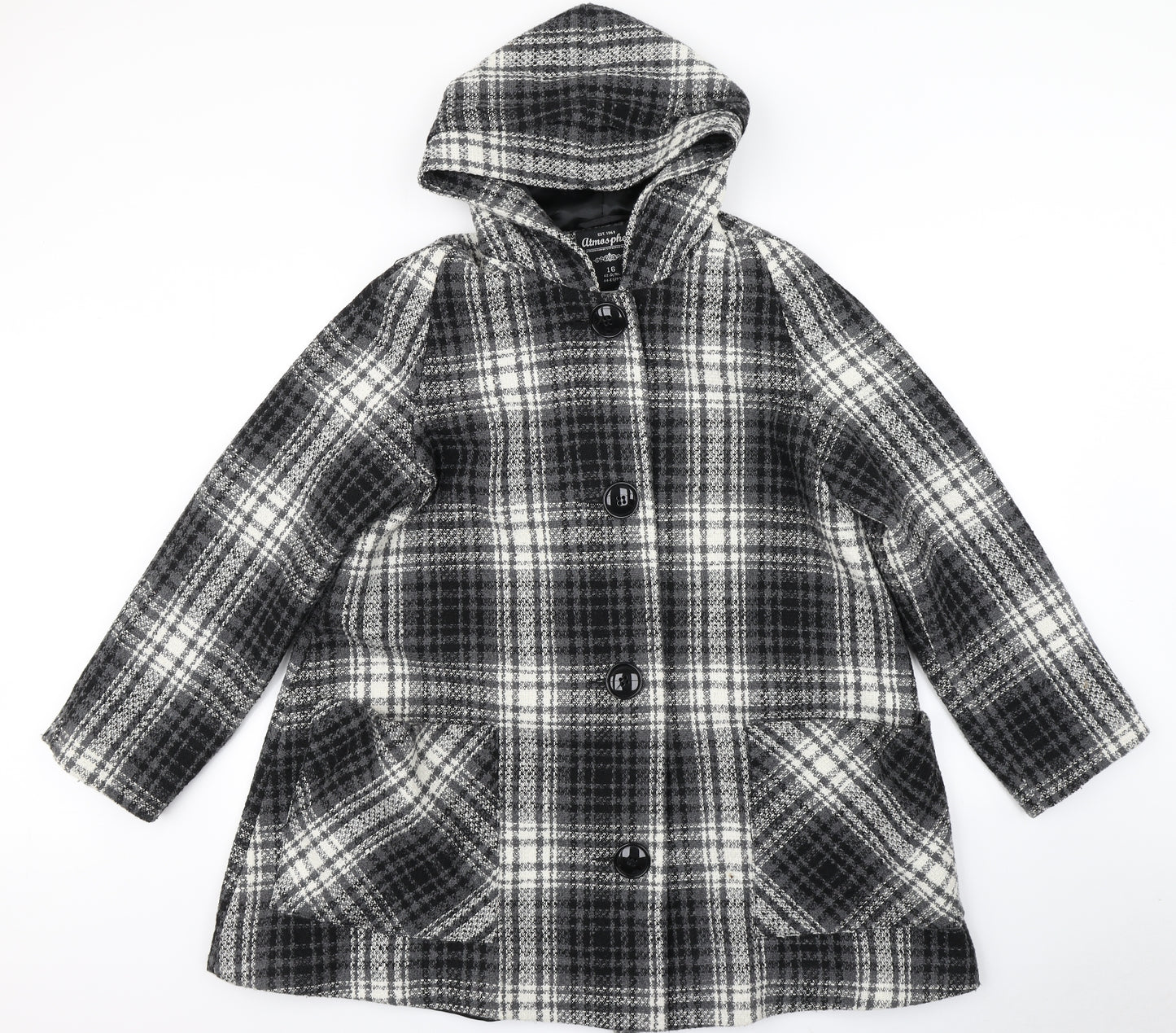 Atmosphere Womens Black Plaid  Overcoat Coat Size 16