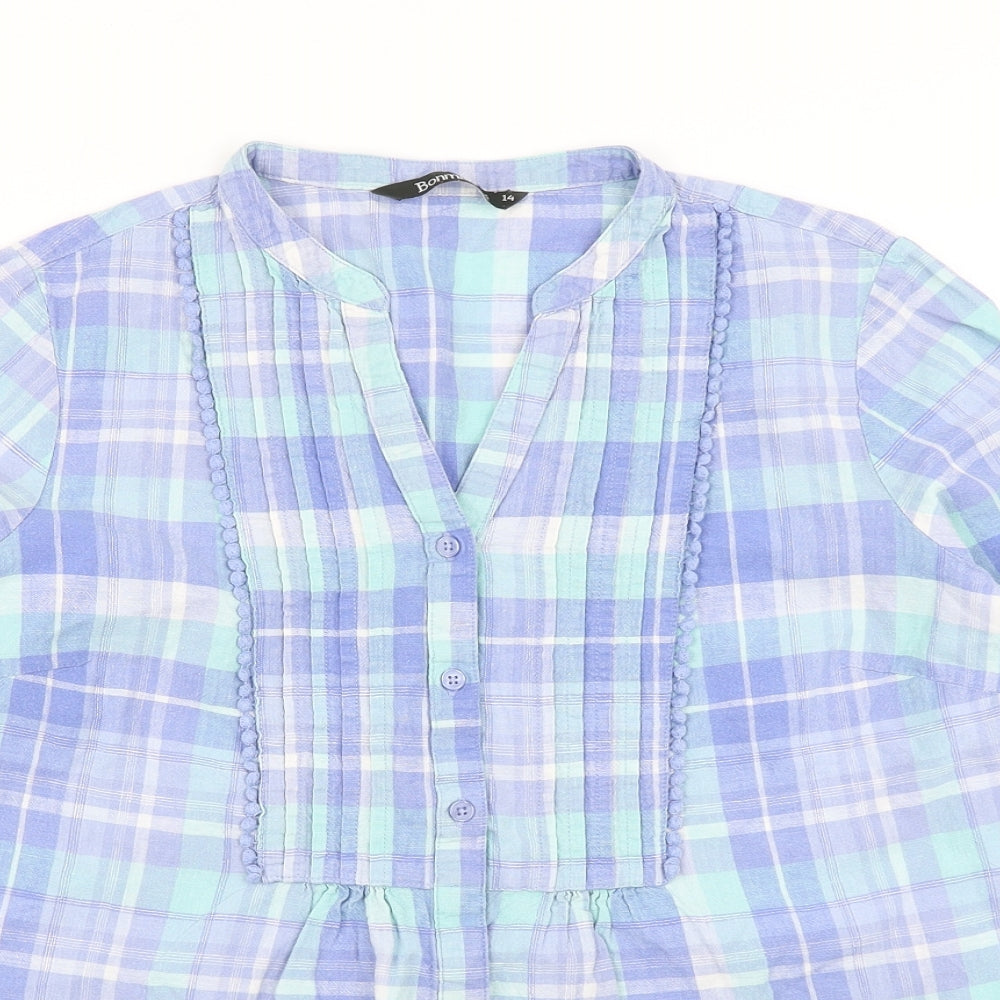 Bonmarché Womens Blue Plaid  Basic Blouse Size 14