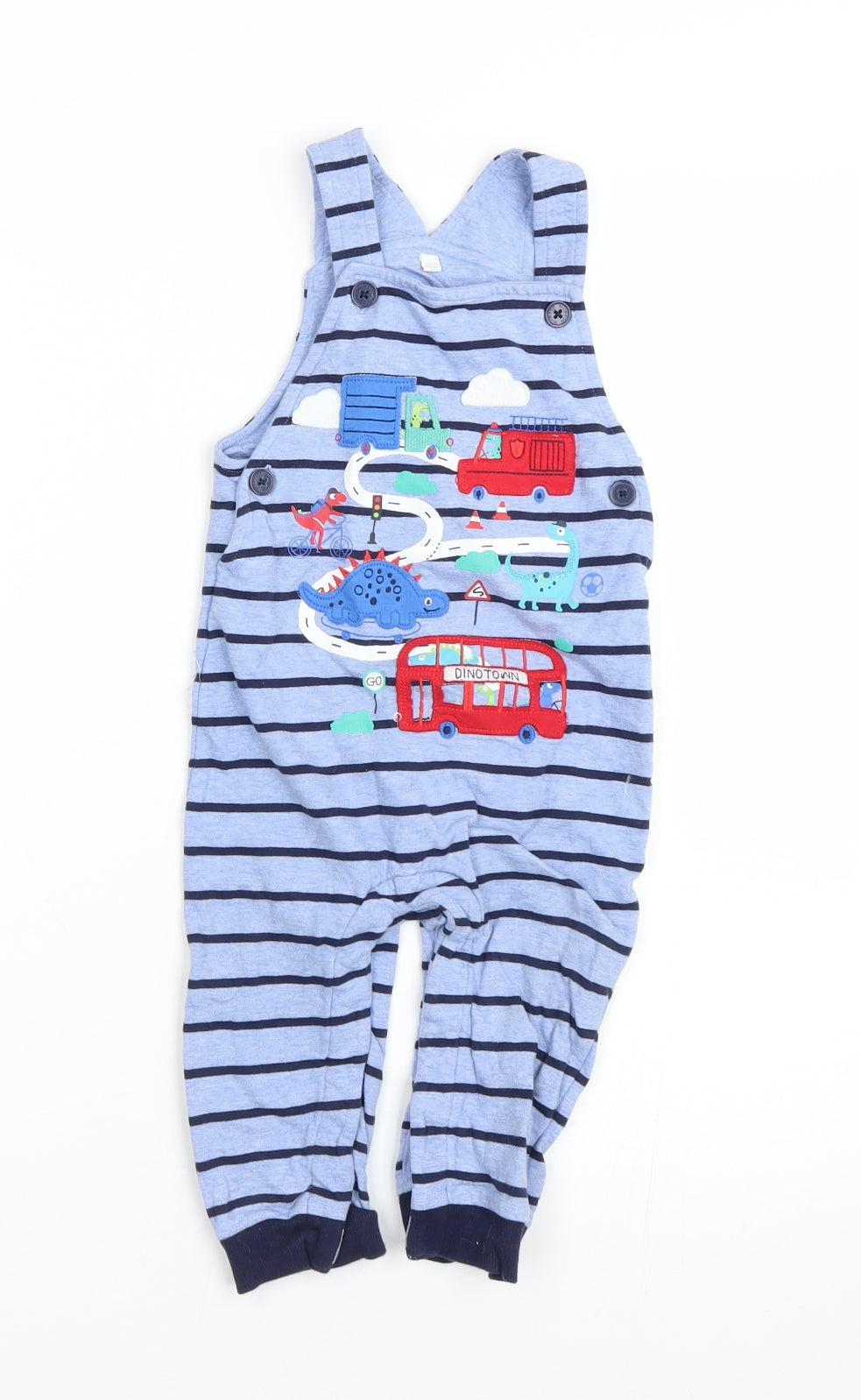 Bluezoo Boys Blue Striped  Dungaree One-Piece Size 12-18 Months  - DInosaurs