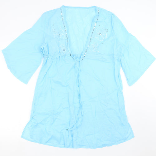 Preworn Womens Blue   Tunic Blouse Size L  - Floral embroidery, beach cover up