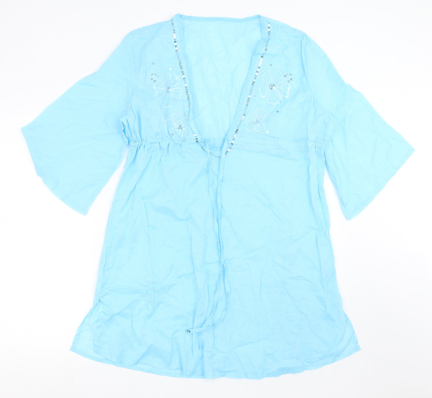 Preworn Womens Blue   Tunic Blouse Size L  - Floral embroidery, beach cover up