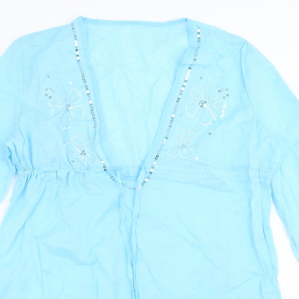 Preworn Womens Blue   Tunic Blouse Size L  - Floral embroidery, beach cover up