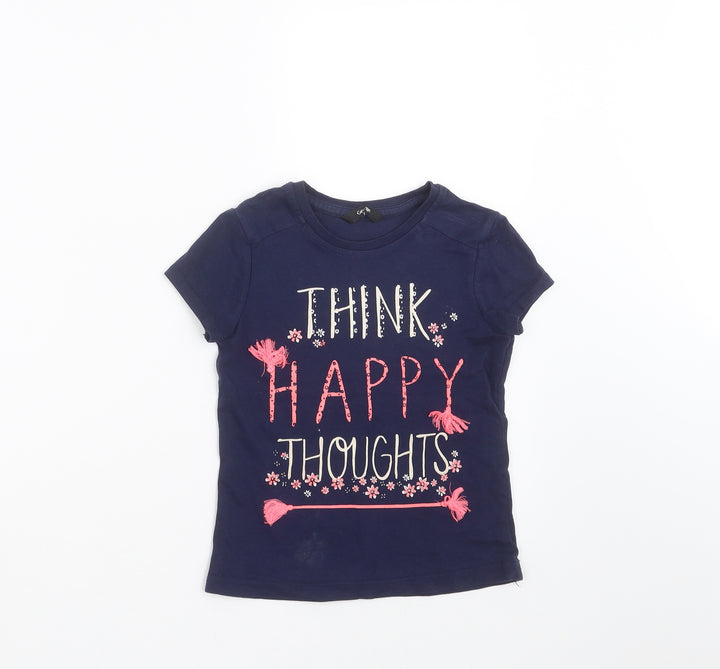 George Girls Blue   Basic T-Shirt Size 5-6 Years  - happy thoughts