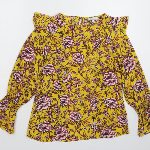 Peacocks Womens Yellow Floral Satin Basic Blouse Size 8