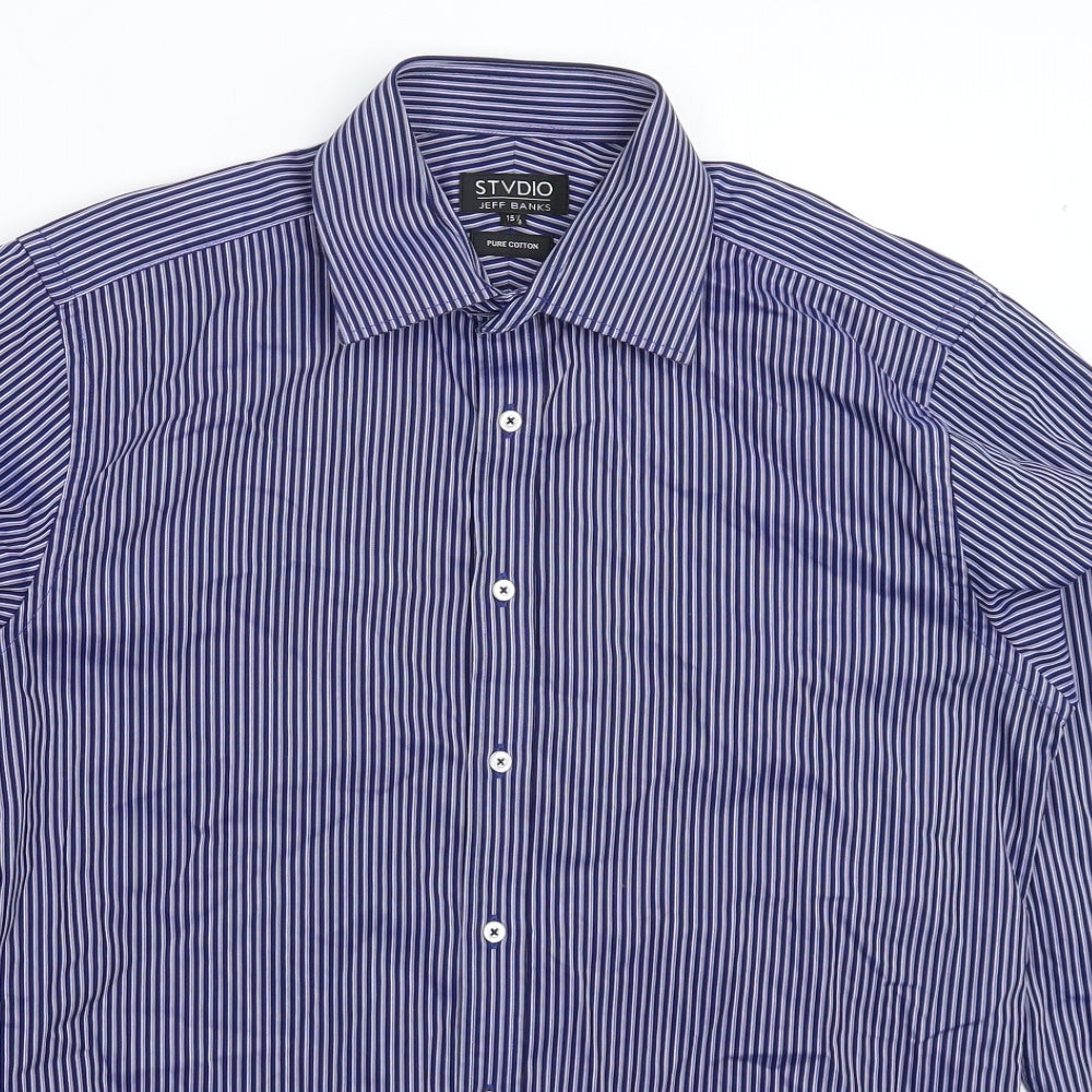 Jeff Banks Mens Blue Striped   Dress Shirt Size 15.5