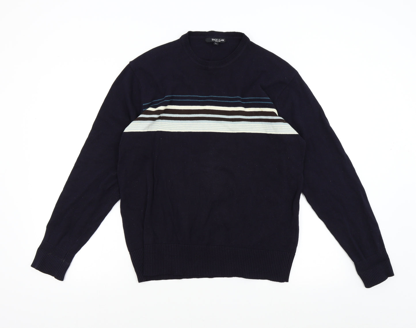 Simon Clark Mens Blue Striped Knit Pullover Jumper Size L