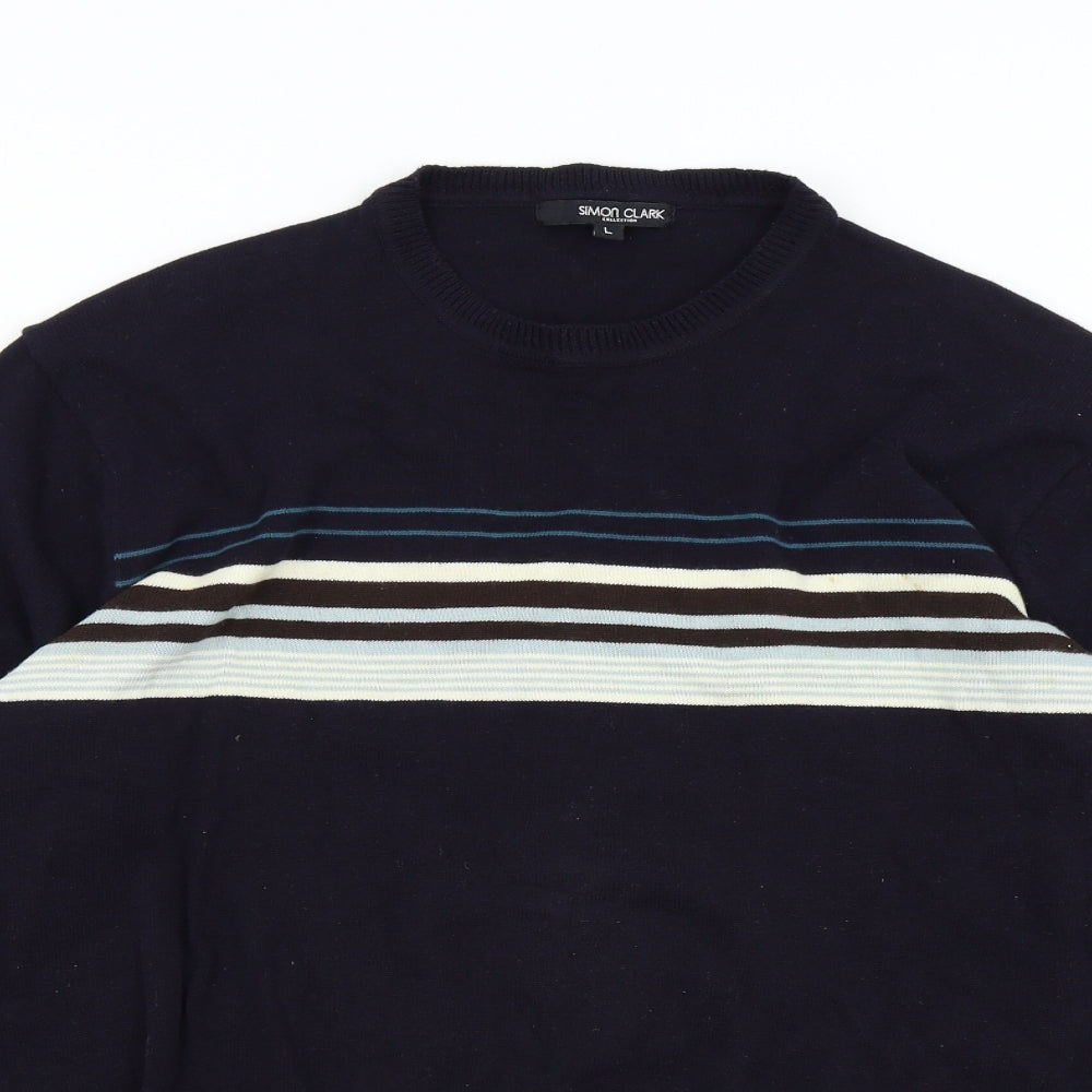 Simon Clark Mens Blue Striped Knit Pullover Jumper Size L