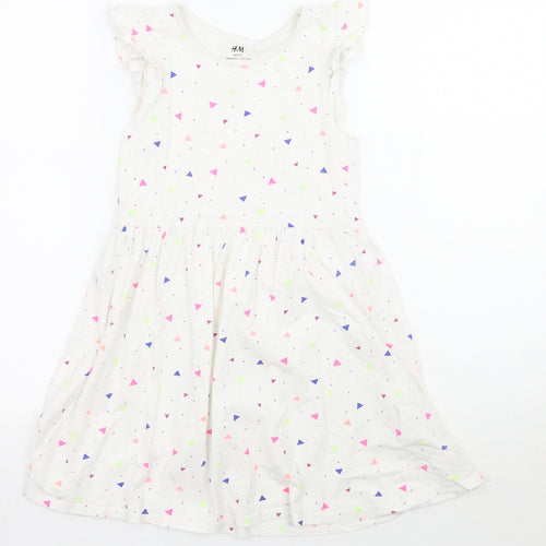 H&M Girls White Geometric Ramie A-Line  Size 7 Years