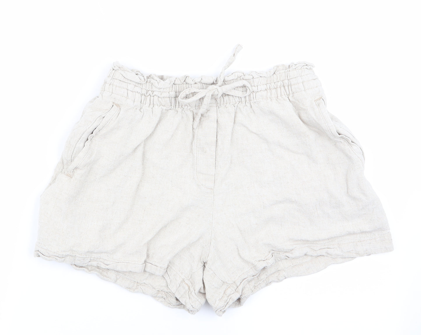 H&M Womens Beige   Paperbag Shorts Size M - Linen look shorts