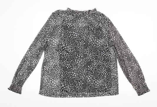Front view of Preworn women’s black animal print basic blouse, size UK 14