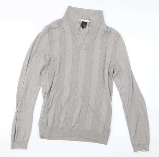 Front view of River Island men’s grey knit polo, size M