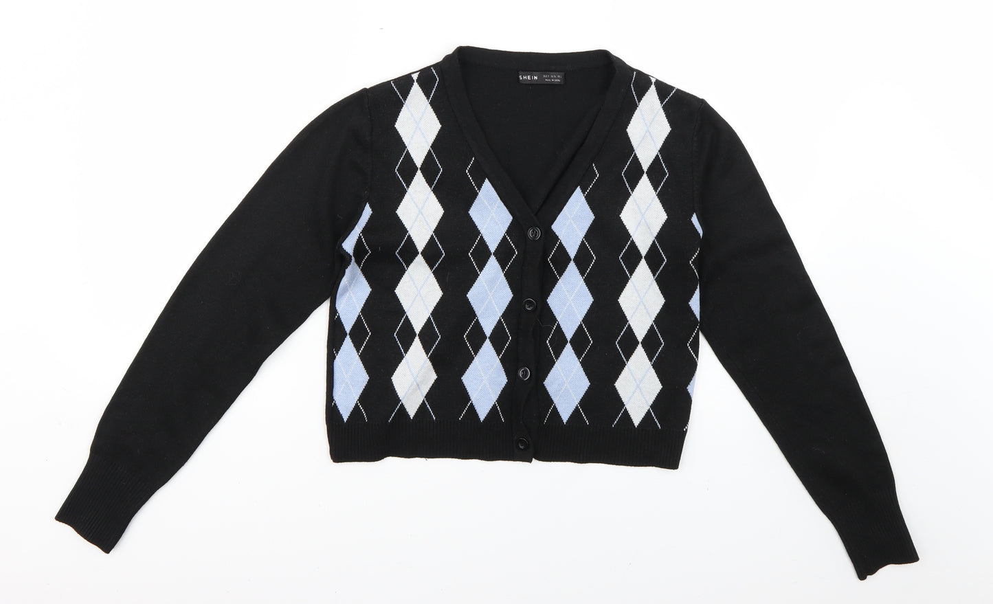 SheIn Womens Black Argyle/Diamond  Cardigan Jumper Size 8