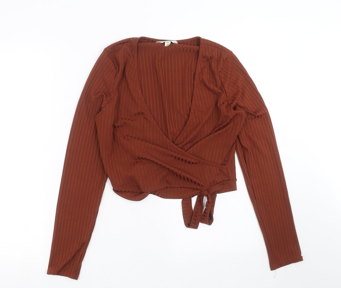 Miss Selfridge Womens Brown Striped  Cropped T-Shirt Size 14  - wrap front style