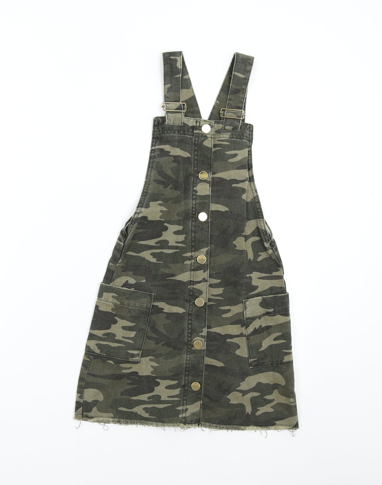 River Island Girls Green Camouflage Denim Pinafore/Dungaree Dress  Size 9 Years