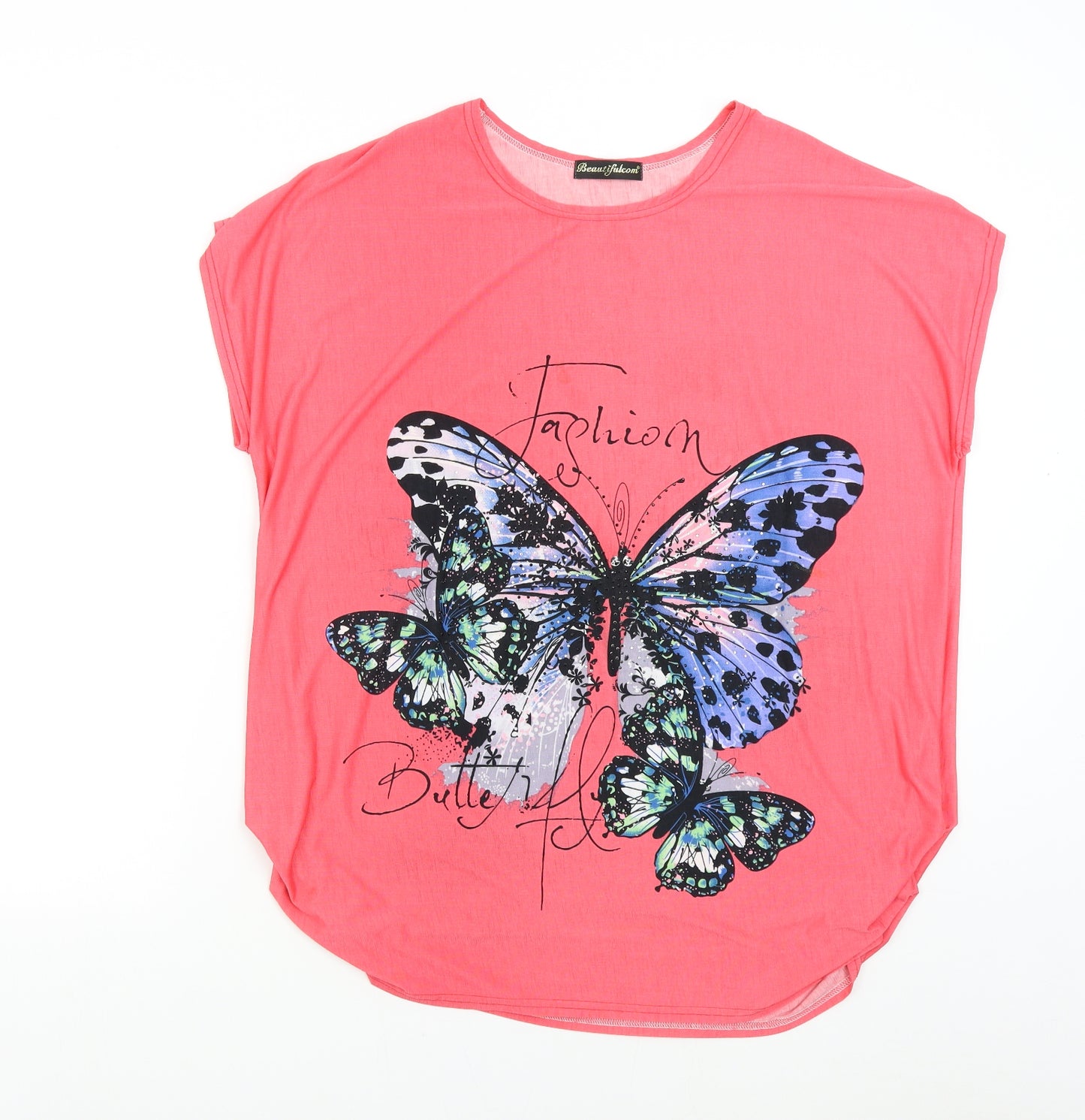 Beautifulcom Womens Pink   Basic T-Shirt Size XL  - Butterflies