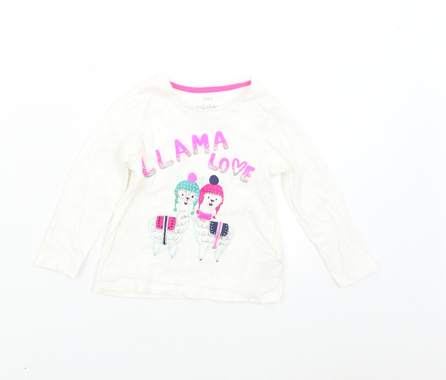 M&S Girls White   Basic T-Shirt Size 2-3 Years  - Llama Love