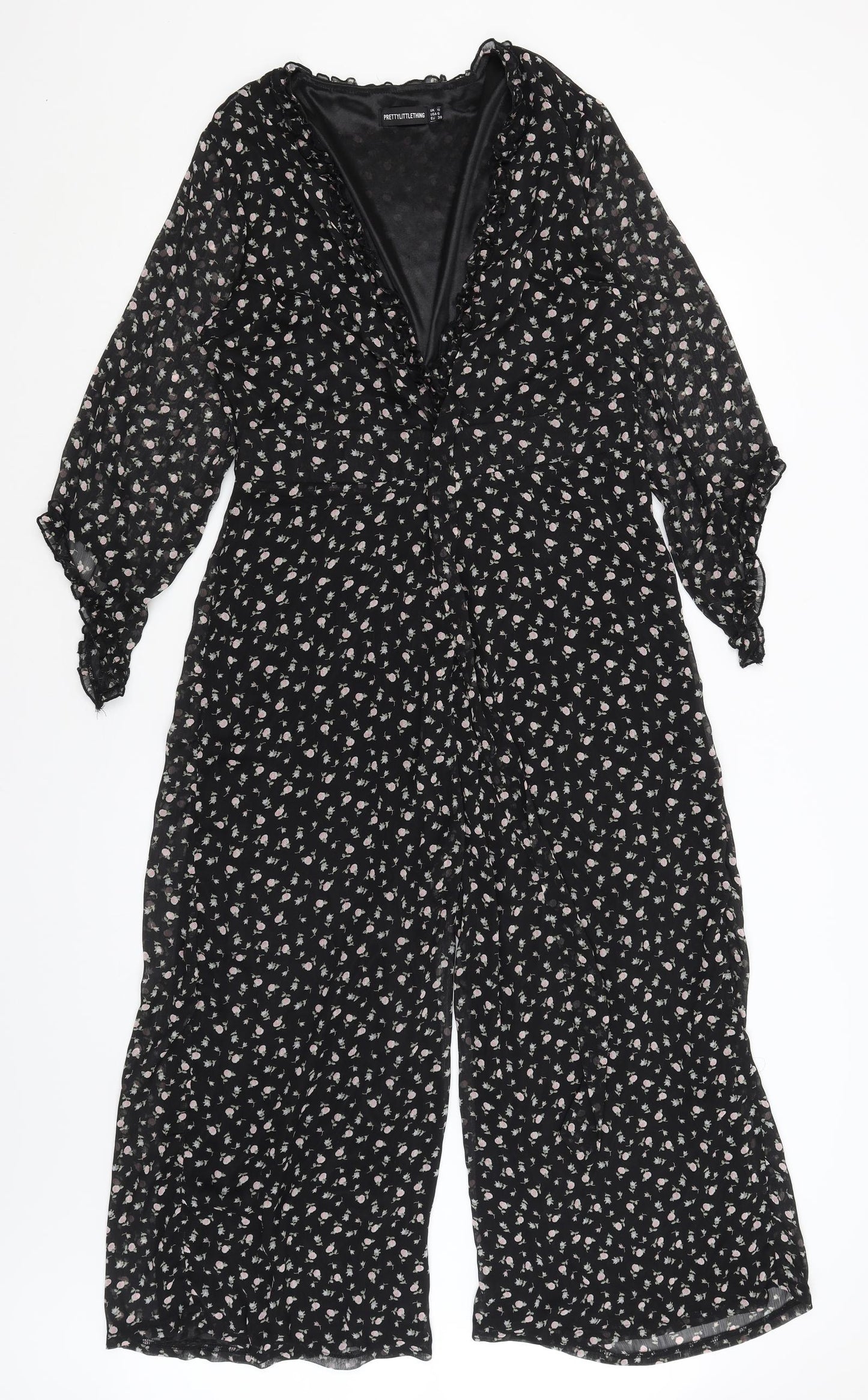 Pretty Little Thing Womens Black Floral  Catsuit One-Piece Size 10 L19 in