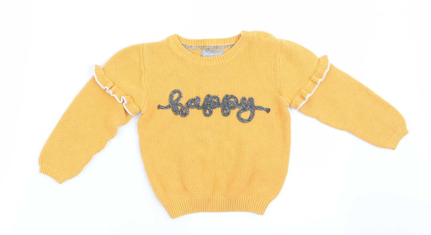 Primark Girls Yellow   Pullover Jumper Size 2-3 Years  - Happy