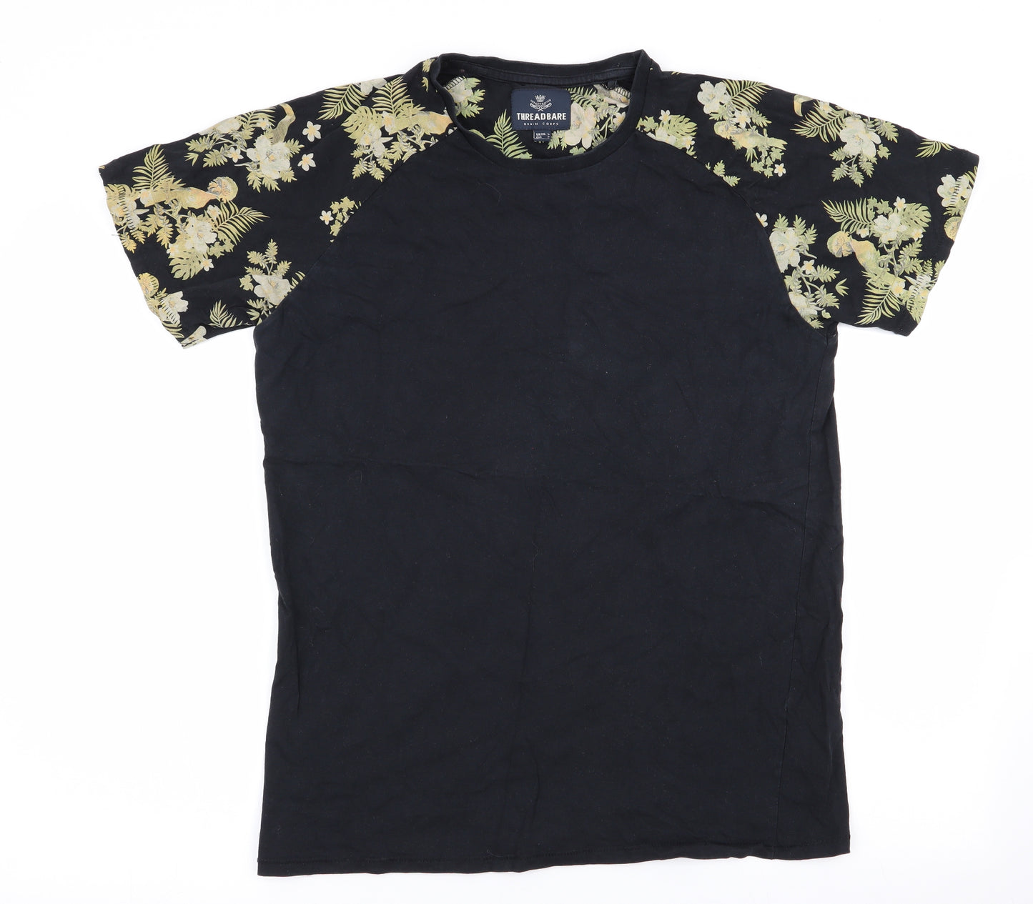 Threadbare Womens Black Floral  Basic T-Shirt Size L  - Floral Print Sleeves
