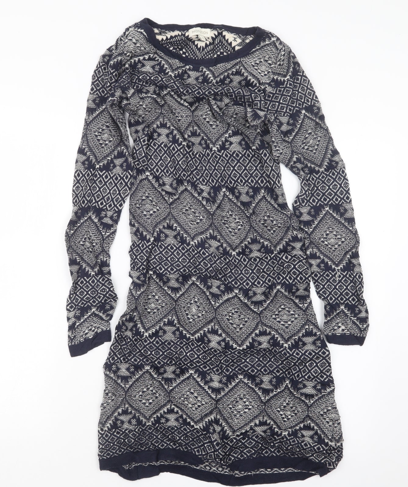 Monsoon Womens Blue Geometric Knit Jumper Dress  Size S