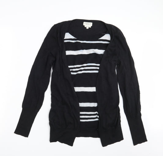 Front view of NEXT women’s black striped wrap jumper, size UK 12
